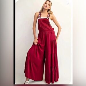 eesome Burgundy Wide-Leg Lace-Trim Overalls Jumpsuit